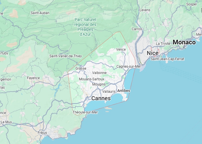 Carte de la Côte d'Azur : Focus sur Cannes, Nice et Monaco Carte de la Côte d'Azur avec zone délimitée incluant Cannes, Grasse, Antibes, Nice et Monaco.